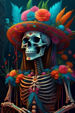 a painting of a skeleton wearing a colorful headdress, inspired by Ron English, behance contest winner, stunning digital painting, flower shaman, full body!! maximalist details, contest winner 2021, jim warren, details and vivid colors