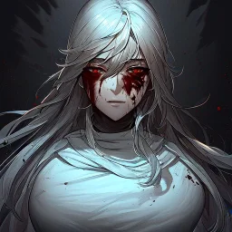 Goodness, Blood splatter, battle wounds, female, portrait, max detail, hd, Long hair, dark souls style, detailed eyes, eye color blue