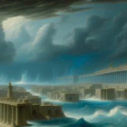 A palish light blue dystopian Roman city in a storm painted by Leonardo da Vinci