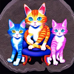 A cat with blue eyes is sitting on an armchair and next to her are three sweet and beautiful kittens against a black background and they are all looking at the camera, computer graphics by Louis Wayne, Behans, psychedelic art, quantum wave racing, psychedelic, mystical