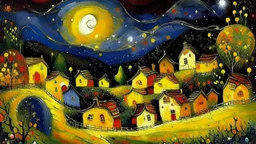 Bathed in the celestial glow of a swirling night sky, bright yellow stars and a crescent moon illuminate a quaint village nestled among houses and trees. This enchanting scene, a striking painting, captures the serene beauty of the night with exquisite detail. The stars twinkle like precious gems in the infinite expanse above, casting a warm, inviting glow over the peaceful landscape. The crescent moon adds a touch of mystique, its silvery light softly illuminating the village below, creating a