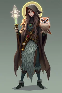 good low poly merman thief priest with long fur all over her entire body and bright aura and a nerd magical wizard fish owl