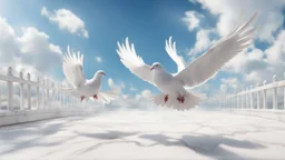 Hyper Realistic white pigeons flying on white marble floor & white-marble-fence with beautiful day time blue-sky & some-clouds with dramatic & cinematic ambiance.