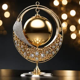 A magnificent golden and silver heart-shaped sign adorned with a stunning golden sphere encrusted with sparkling diamond clusters at its center, elegantly spinning in position.