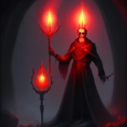 Evil,bloody Old human Necromancer in dark robes in a dark cave covered in darkness