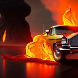 sweeping view of detailed phong shaded rendering of a car made of only molten lava, headlights, bumpers, whole car