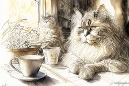 A pencil and charcoal line sketch, cute fluffy cat in coffeehouse in sunshine, intricate details and bold lines. beautiful Jean-Baptiste Monge Art Nouveau Steve Hanks Josephine Wall Thomas Wells Schaller Big water colour painting Ella du Cane Beautiful detailed eyes pastel patchwork line art Watercolor, pen and ink Maurice Miller and Faiza Maghni