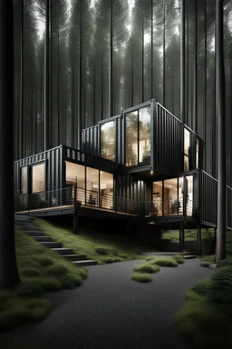 large house in the woods made from shipping containers, photorealistic