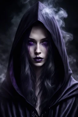 portrait a dark fairy with a pale face, long dark hair, in a dark purple shiny black hooded cloak, suggestive dark deep gaze, impressive, perfect, cold beauty, dark, sad, gothic mood, atmospheric, smoke, high detalied, high realistic, photorealistic