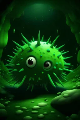 A green virus with spikes and eyes in a cave