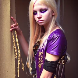 A girl with a purple gold hue around them with small bits of purple gold on their skin. They have long, dirty blonde hair and wear a tank-top with a jacket around their waist and jeans. They wear boots and have violate eyes.