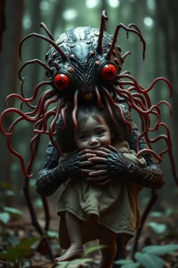 Rare parasite creature holding a girl meanwhile many worms streaming from his eyes in the forest, fullbody, macro photography, darkred tones,high detailed, 3d pixar disney the cinematic FKAA, TXAA, and RTX graphics technology employed for stunning detail.