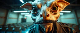 airbrush and pen outline, mustache , extreme close up on cheeky fluffy weasel goblin alien military prison guard news anchor elf family scumbag in the style of Escher and Giger and Fallout 4, pinhole cam, airbrush 3d rendering, on tv screen:A five-second cinematic single take in a clean industrial presentation hall.