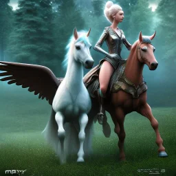 close up on one sweet pegasi and rider in a clearing in the forest of purgatory, movie poster, cinema 4d, 4k