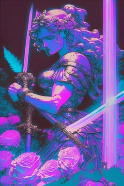 [vaporwave] Without a moment's hesitation, Agatha, wielding her sword adorned with carved flowers, seized the opportunity. With a swift and precise movement, she struck beneath the tyrant's shoulder, piercing through his defenses and driving him to his knees.