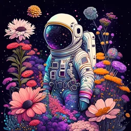 "floral astronaut" hand-drawn digital art, flowers everywhere, colorful garden, beautiful galaxy, REALISTIC, anime, 4k, high resolution, full details