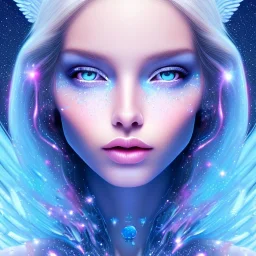 Face Angel crystalline,blond hair, blue eye ,pink , cosmic, opalescent, gemstones, crystals, other worldly,water,bright, ice background, snow lake blue