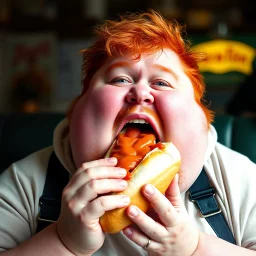 fat man with red hair eating a big hot dog, realistic photo, big mouth open, "Karlsson på taket" vibes