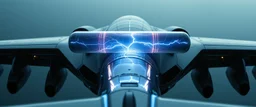 A futuristic airplane seen from the side. A glowing transparent lightning tube is mounted horizontally across the rear of the aircraft, perpendicular to the fuselage, like a crosswise energy reactor. Blue-white lightning inside the tube. Cinematic, realistic, industrial sci-fi.