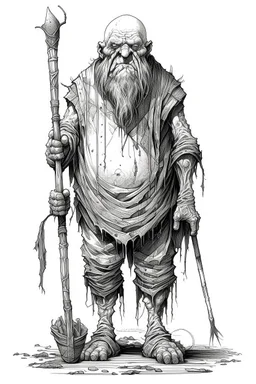The full body of one fat old man holding an axe , a thin line draw , front view camera, decayed and rotting with grotesque proportions and imagery. surreal horror, biomechanical design, by hr giger and beksinski , fine lines draw all white picture