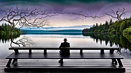 back to the camera on a beautiful amorph bench a figure sittings in a beautiful landscape and overlooking the water of the nearby lake, calm, harmonious atmosphere, muted dark colors, purple, white, gray, green, blue, brown, silver, and pale colors, ,not too colorful colors, Whimsical style and giant stunning neuron network all over the sky, half shadow and half light picture, surreal stunning vibe