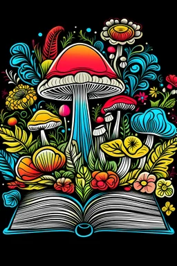 The cover of the “ mushroom” book is a lively and colorful cover that includes friendly characters Hibiscus mushroom , Coloring page for baby kids, cute flowers lines, feathers, clean line art, fine line art, black background