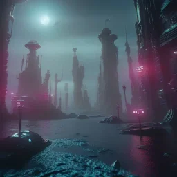 futuristic city under the sea , the city is abandoned and the water is murky and dark