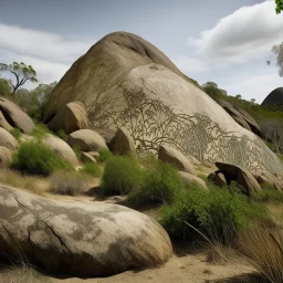 A grayish beige mountain filled with Native American petroglyphs designed in Australian aboriginal art