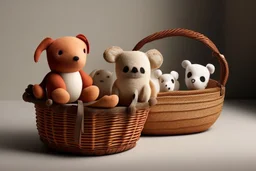 Cute but quirky stuffed animals lie in a carved basket on a soft sling, by candlelight