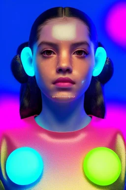 Rosalía artist, Realistic image, natural waist up portrait, perfect eyes, glow, circle iris, eye liner. sweet face, pigtails hair, spray line make up, glow. lips, gold. big rings piercing, led ornament, pearls. coat, latex, inflatable, hot, led lights, minimal, neon, pink, blue, gold, vibrant color, highly detailed, art stations, concept art, smooth, unreal engine 5, god lights, ray tracing, RTX, lumen lighting, ultra detail, volumetric lighting, 3d, finely drawn, high definition, 4k.