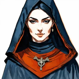 dnd, fantasy, watercolour, portrait, illustration, female, face, cultist, dark, ruthless, merciless