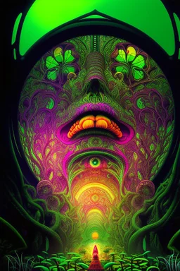 Illustration, Psychedelic art, human eye in a forest full of colourful mushrooms, vivid colours, intricate details, maze, gears, in the style of H.R.Giger, DMT, ultra detailed, photorealistic, top light, 35mm lens, fish-eye