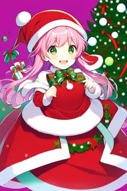 cute anime girl, wearing classic Christmas hat, smiling, green eyes, medium pink hair with purple gradient, Christmas background with trees and lots of snow, Young child