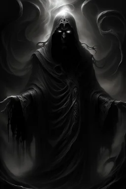 In the grim chambers of the dhampir who worships the deity of darkness, eternal night reigns. His hair, black as pitch, cascades in thick waves like smoke, shrouding his face in a veil of mystery. In his eyes, two boundless abysses reflect only darkness and enigma. The dhampir's attire resembles nightmarish visions. Black cloaks and shadowy patterns seem to weave through his garments, lending his figure the mysterious semblance of a ghost. An amulet around his neck flickers like a star in the b