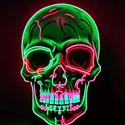 a field of 1000s of cartoonish, anatomically correct, skulls, vivid RANDOM BRIGHT neon colors, dark comedy, well lit, high detail, photorealistic, horrorcore, fun, scary, dead