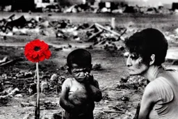 anguished mother and child war refugees, as child stands amidst rubble and ruins with nuclear mushroom cloud in the background. Mother crying in agony. human skulls strewn about. single red flower growing near child.