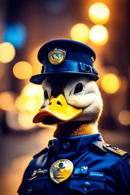 a really stupid duck policeman, bokeh, downlight, prize winning, depth of field, in the style of ivo caprino, backlight, aura