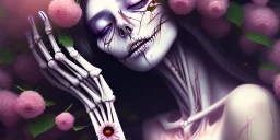 dead girl buried in flowers, beautiful, eyes closed, exposed skeleton