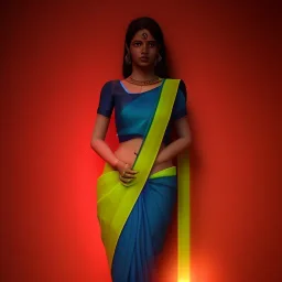 full body photo of a girl in saree in dark room with neon light ,hyperrealistic,detailed,8k,cinematic