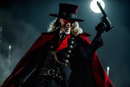 Action shot of Tom Hiddleston as Alucard from the live action "Hellsing" movie based on the anime of the same name. He is wearing his signature red hat and yellow glasses, while laughing in the moonlight and shooting his signature pistols.