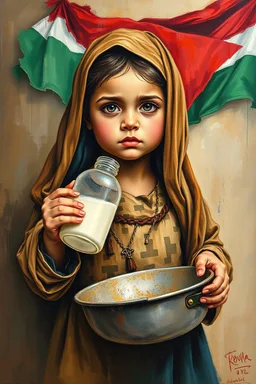 an expressive painting of a 1 year baby girl poor with Ruth clothes holding an empty milk bottle in line with out her children’s asking for food with a pan in her hand painting, with Palestinian flag in the background, we might see a companion with features of absolute strength and determination, blended with warmth and deep faith. Perhaps his face expresses wisdom and courage, with eyes radiating confidence and faith.