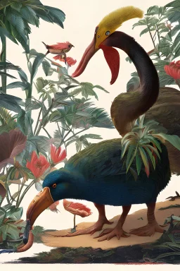 John James Audubon-like illustration of a fully uncropped Dodo bird and a Platypus in a chinoiserie landscape of warm yellows, warm reds, and warm blues