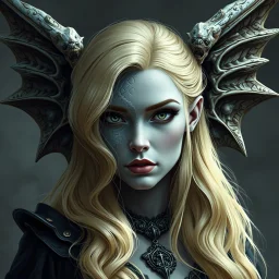 a blonde fantasy woman who is half human and half gargoyle, face is stone, medieval, gothic, digital art, stylised