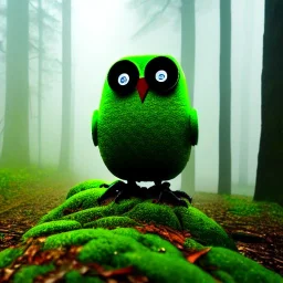 Mossy robot owl in a misty forest