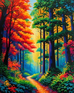 Bosque con árboles grandes, gruesos y frondosos, calidad ultra, hiperdetallado,12K, pintura arte pop impresionista maximalista, explosión de colores, increíble obra de arte