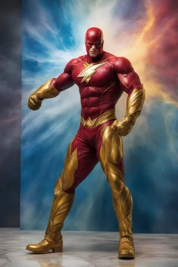 the Flash, Gold boots, extremely huge, overexaggerated muscles, posing and flexing in a front of the camera, random extreme action poses, an extremely colorful, multicolored foggy blue marble wall in the background with a colorful marble tile floor, multicolored lightning, realism engine,