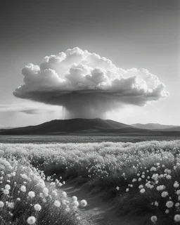 ULTRA REALISTIC, B&W Photograph, Atomic cloud made of WHITE FLOWERS, in the distance in the desert, at Golden Hour, cinematic, cinematic shot, dynamic composition, details, intricate detail, professional lighting, film lighting, 35mm, anamorphic, lightroom, cinematography, bokeh, lens flare, film grain, hdr10, 8k, Roger Deakins, incredibly detailed, reflect, sharpen