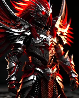 Silver metallic red and gold male fantasy demon armour, with a red cape, with black and red spikes coming out the back and arms, glowing red eyes, long red hair pony tail coming out the helmet and the helmet covering the face entirely, two large angel wings out of the back