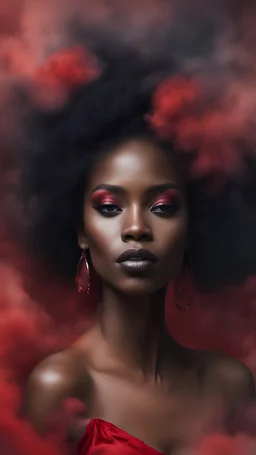 beautiful black women in red Smokey ethereal, heavenly background