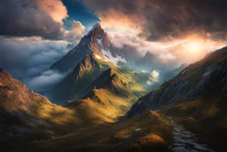 a lonely steep massiv mountain reaching into the clouds. fantasy concept art, exquisite realism, a masterpiece, dynamic lighting, hyper detailed, intricately detailed, deep color, Unreal Engine, volumetric lighting , Epic cinematic brilliant stunning intricate meticulously detailed dramatic atmospheric maximal,